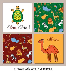The tortoise and the camel in Doodle style hand drawn. Two seamless pattern with wild animals of Africa. Vector set of images for printing on fabric, clothes, packaging, Wallpapers.