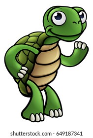 A tortoise cartoon character smiling and waving