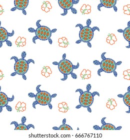 Tortoise decorative seamless vector pattern. Blue and green tileable ocean animal hawaii background for textile fabric and apparel print.