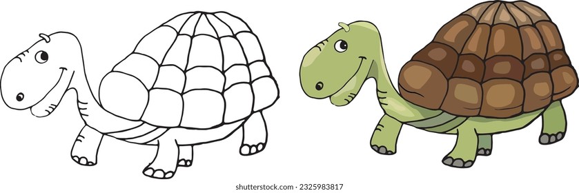 Tortoise. A design element or a page of a children's coloring book. Black-and-white and color contour illustration on a white background