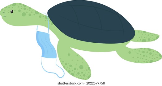 Tortoise with discarded surgical face mask semi flat color vector character. Full body animal on white. Hazard for wildlife isolated modern cartoon style illustration for graphic design and animation
