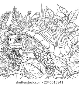 Tortoise and foliage vector illustration, design, outline.