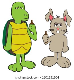 A tortoise and a hare are relaxing with a couple of beers after their big race