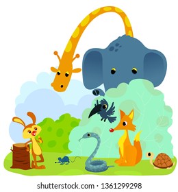 Tortoise and The Hare or Turtle and The Rabbit Fable Vectoral Illustration. Rabbit Challenging to Animals.