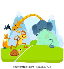 Tortoise and The Hare or Turtle and The Rabbit Fable Vectoral Illustration. Start of The Race.
