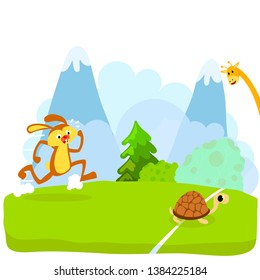 Tortoise and The Hare or Turtle and The Rabbit Fable Vectoral Illustration. Rabbit is Sleeping Under the Tree, Turtle is Running to Finish. White BAckground Isolated.