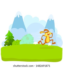 Tortoise and The Hare or Turtle and The Rabbit Fable Vectoral Illustration. Rabbit is Running to Finish. White Background Isolated.