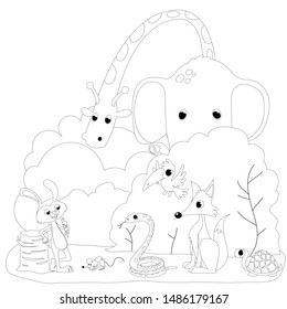 Tortoise and The Hare or Turtle and The Rabbit Fable Vectoral Illustration. Black and White Coloring Book. Rabbit Challenging to Animals.