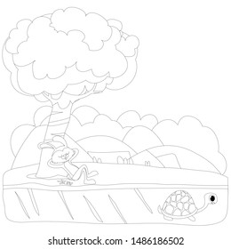 Tortoise and The Hare or Turtle and The Rabbit Fable Vectoral Illustration. Black and White Coloring Book. Rabbit is Sleeping Under the Tree, Turtle is Running to Finish. 