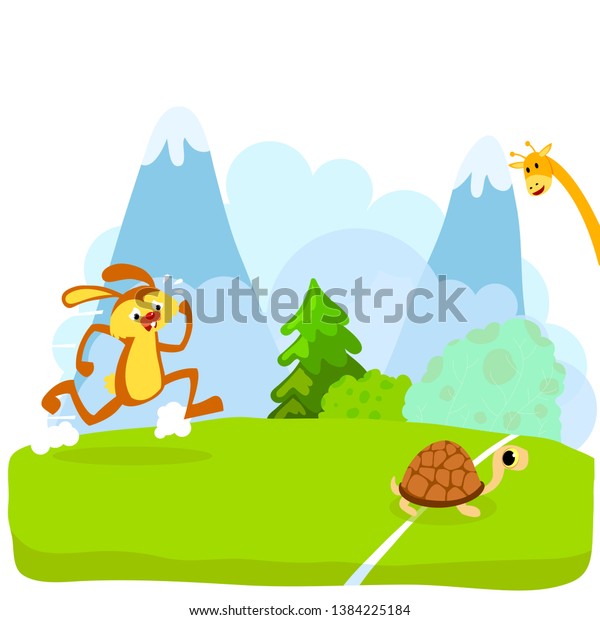 亀とウサギか亀とウサギのベクターイラスト ウサギは木の下で眠っていて 亀は走って走り終わります 白い背景 のベクター画像素材 ロイヤリティフリー