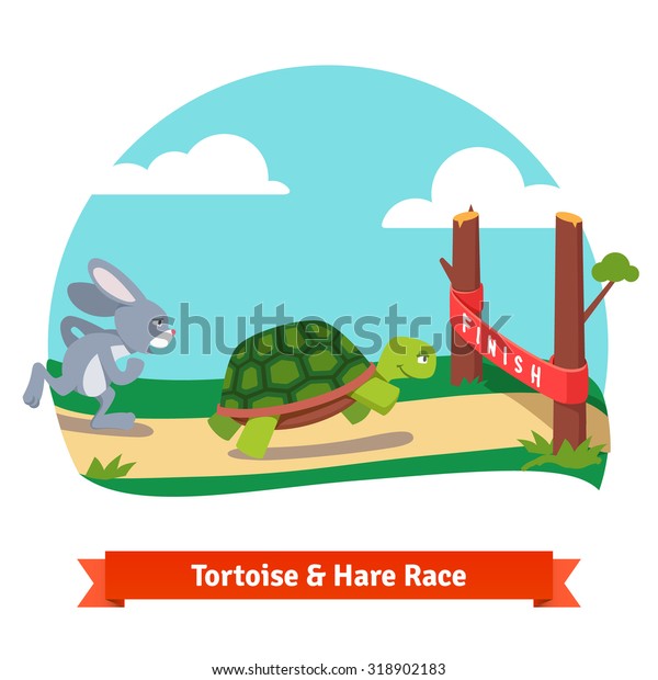 The Tortoise and the Hare. Turtle and\
rabbit racing together to win. Finish line red ribbon. Flat style\
vector illustration isolated on white\
background.