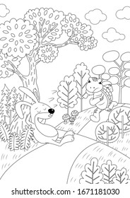 The tortoise and the hare vector illustration cartoon colorless for coloring book.  Aesop's fables The turtle and the rabbit. 