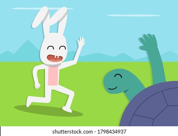 Tortoise Meet Rabbit At Forest, Vector Cartoon