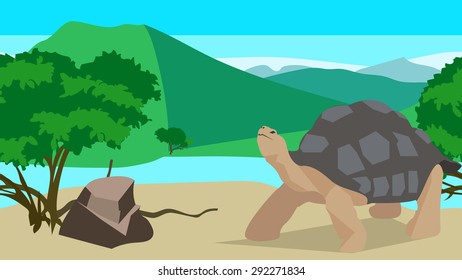 Tortoise near a river with stone and bushes on a background of hills, background horizontal pattern seamless. Animal, nature. Flat polygon style for design applications and sites. Vector illustration
