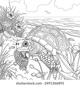 Tortoise on pretty grassy beach, amongst flowers and foliage. Colouring page book design, vector outline