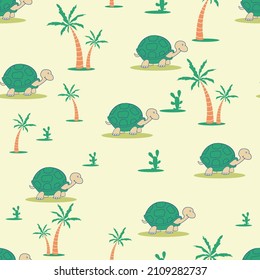 TORTOISE WITH PALM TREE AND CACTUS SEAMLESS PATTERN IN EDITABLE VECTOR FILE