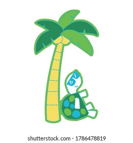 Tortoise relaxing under coconut tree