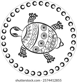 Tortoise is rendered in Pichwai style. Indian folk art is used for coloring books, textile fabric prints, phone cases, and greeting cards. logo, calendar