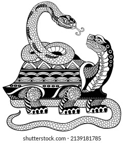 a tortoise or turtle entwined together with a snake. Black and white isolated vector illustration