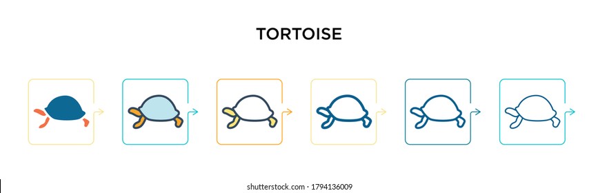 Tortoise vector icon in 6 different modern styles. Black, two colored tortoise icons designed in filled, outline, line and stroke style. Vector illustration can be used for web, mobile, ui
