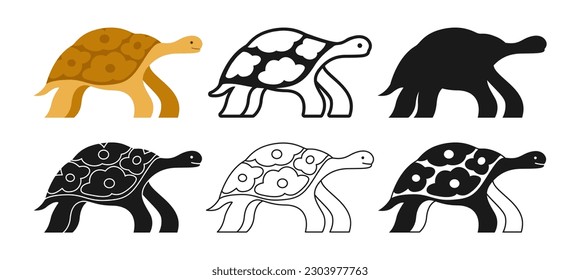 Juego de dibujos animados de tortoise wild reptile. Símbolo tropical exótico de la vista lateral de tortugas, doodle de línea, colección de silueta de sello. Icono de animal anfibio de carácter plano. vector zoológico abstracto simple dibujado a mano