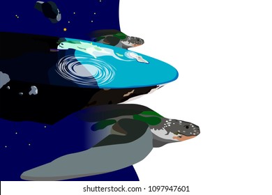 Tortoises swim in space next to flat land