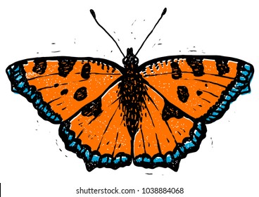 Tortoiseshell butterfly linocut illustration, draw, ink, vector