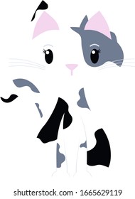 Tortoiseshell Cat sitting. Cute gray, white and black kitten clear backed vector graphic cartoon.  