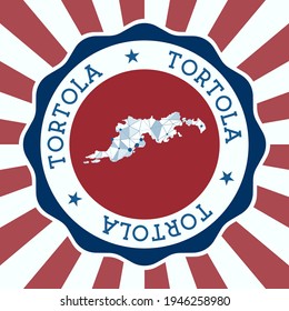 Tortola Badge. Round logo of island with triangular mesh map and radial rays. EPS10 Vector.