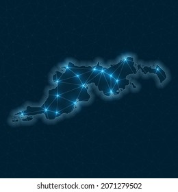 Tortola network map. Abstract geometric map of the island. Digital connections and telecommunication design. Glowing internet network. Neat vector illustration.