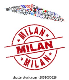 Tortuga Island of Haiti map collage and textured Milan red circle stamp. Milan seal uses vector lines and arcs. Tortuga Island of Haiti map collage includes helmets, homes, screwdrivers, suns, men,