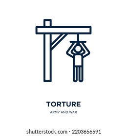 torture icon from army and war collection. Thin linear torture, prison, jail outline icon isolated on white background. Line vector torture sign, symbol for web and mobile