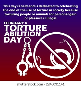 Torture tools and prohibition icon with bold text and sentences on gradient background to commemorate Torture Abolition Day on February 4