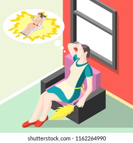 Tortured housewife isometric background with woman sitting in chair after cleaning and dreaming of beach holiday vector illustration