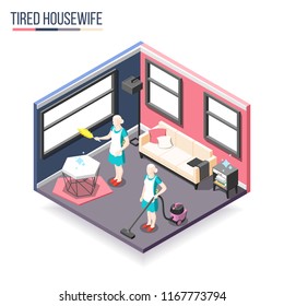 Tortured housewife isometric composition with two women in domestic interior busy cleaning apartment vector illustration