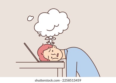 Tortured man put head on keyboard with laptop due to overworked and long lack of rest. Cloud smoke near face of freelancer guy in need vacation or change of scenery after hard project and overworked 