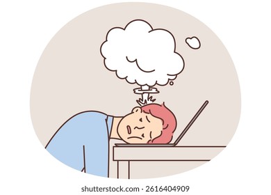 Tortured man put head on keyboard with laptop due to overworked and long lack of rest. Cloud smoke near face of freelancer guy in need vacation or change of scenery after hard project and overworked