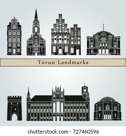 Torun landmarks and monuments isolated on blue background in editable vector file
