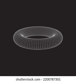 Torus. Abstract geometric objects of regular shape. Wireframe, mesh object. White grid on a dark background. 3d outline model. Vector illustration.