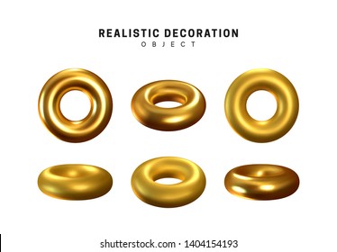 Torus in gold metalic. Donut Realistic geometric shapes. Golden decorative design elements isolated white background. 3d objects tor-shaped yellow color. Round bagel with hole vector illustration.