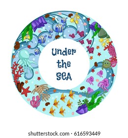 Torus with marine life: fish, jellyfish, starfish, corals and seaweed. Text: under the sea. Hand draw art