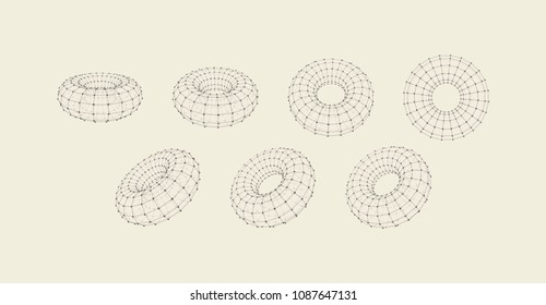 Torus. Object with lines and dots. Molecular grid. Technology style with particle. Vector illustration. Futuristic connection structure for chemistry and science.