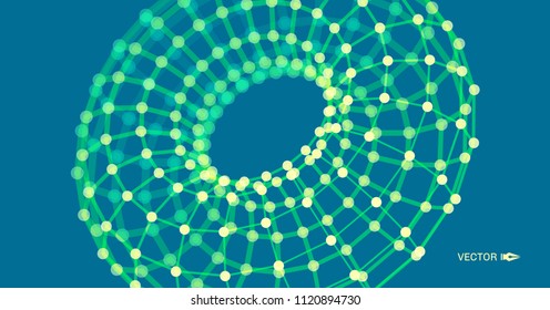 Torus. Object with lines and dots. Molecular grid. Technology style with particle. Vector illustration. Futuristic connection structure for chemistry and science.