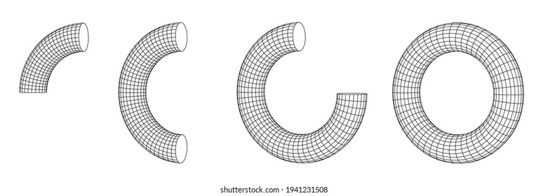Torus segments of polygon mesh grid isolated on white color. Technology abstract art background. Collection of minimalistic geometric design sci-fi elements. Vector futuristic digital concept.