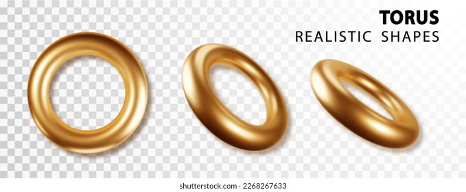 Torus shape realistic in various positions. Golden 3d vector Geometric objects isolated