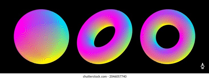 Torus and sphere made of cubes. Element for design. Art geometric primitive. Voxel art. 3D vector illustration for flyer, presentation, brochure or cover.