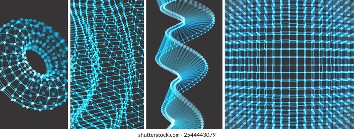 Torus. Espiral. Objeto con líneas y puntos. Rejilla molecular. Estructura de conexión. Estilo de Tecnología con partícula. Estructura de celosía. Ciencia o tecnología de fondo. Ilustración vectorial para la ciencia.