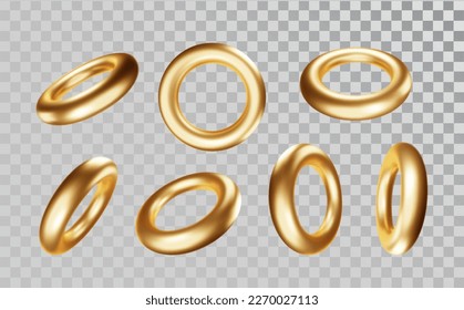 Torus in various projections on transparent background. Gold realictick 3d torus model icons.