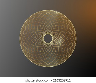 Torus Yantra Flower, Gold Hypnotic Eye sacred geometry basic element. Golden Logo Circular mathematical ornament. Circular pattern from the crossed circles, vector isolated on black background 