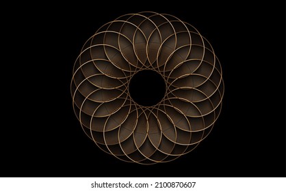 Torus Yantra, Gold flower sacred geometry circles element. Golden Logo Mandala Circular mathematical ornament. Luxury circular pattern from the crossed circles, vector isolated on black background 